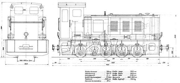 Rysunek fabryczny lokomotywy HK 200 D. Większość rozwiązań odpowiada typowi HF 200 D. Odmienna jest szerokość czołownic, która wynika z rozstawu szyn.